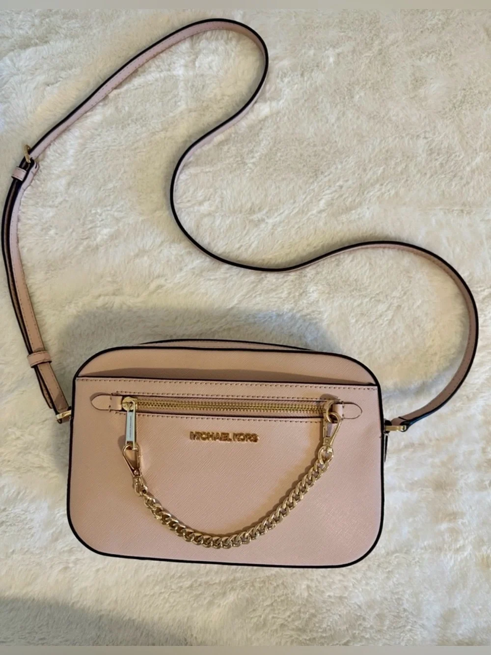 Michael Kors Blush Pink Leather Crossbody with Gold Chain Detail